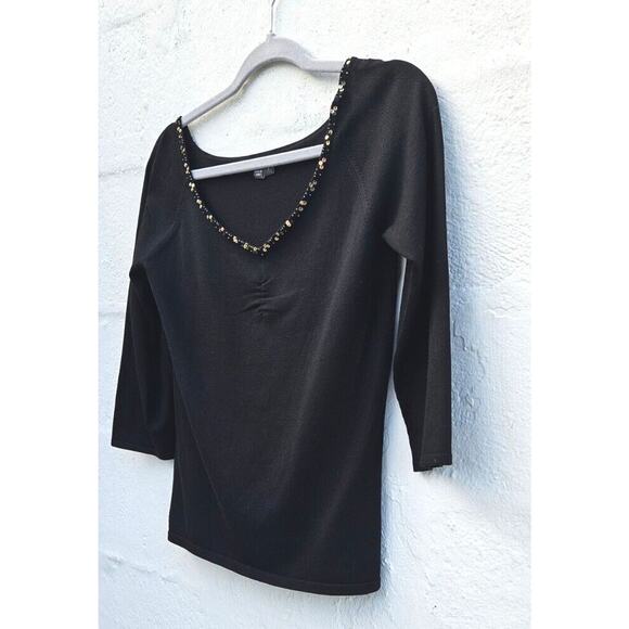 Muse Vintage 90s Top Womens 8 Med Black Silk Nylon Stretch V Neck Sequin Shirt - Picture 8 of 16